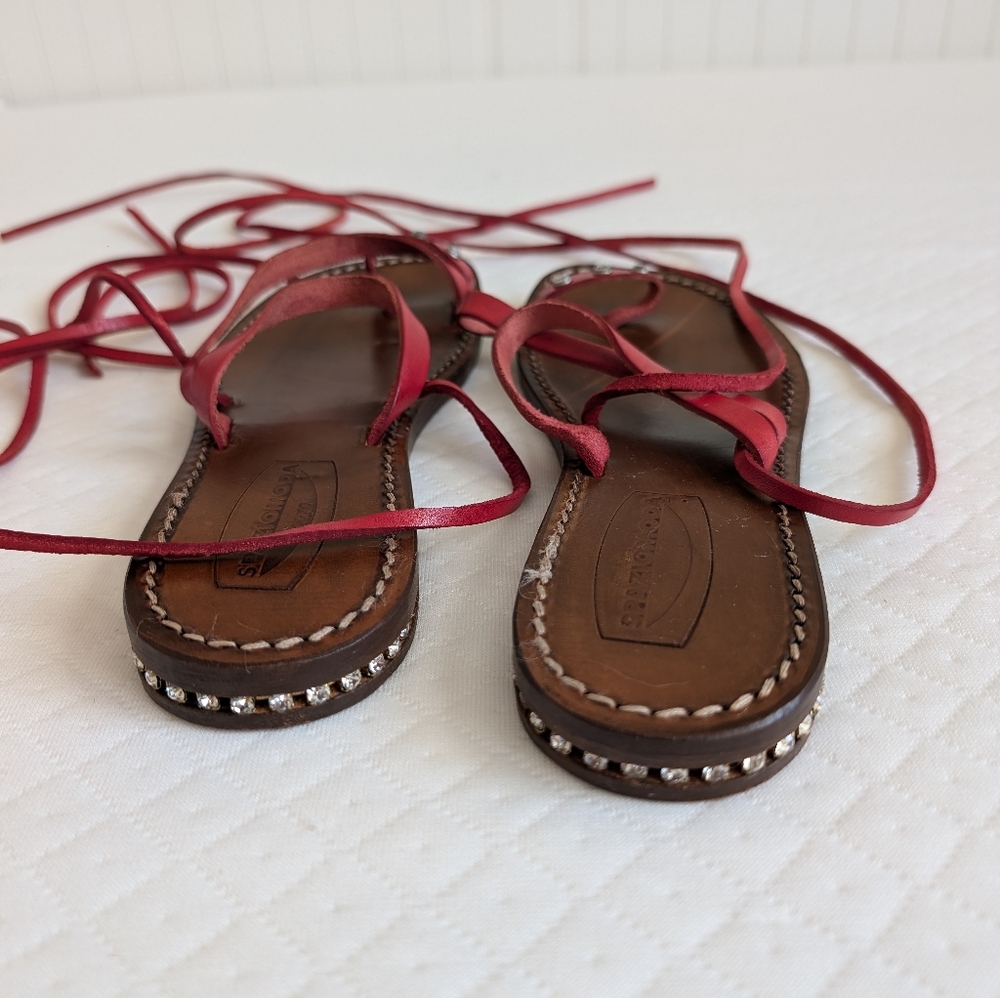 Spaziomoda Red Leather Lace-Up Strappy Gladiator Sandal, diamond studs, size 7.5 - Picture 4 of 15